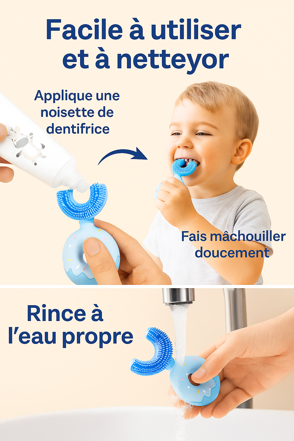 Brosse à dents bébé en U – silicone souple, apprentissage 360°, 1–5 ans | Atelier Bébé