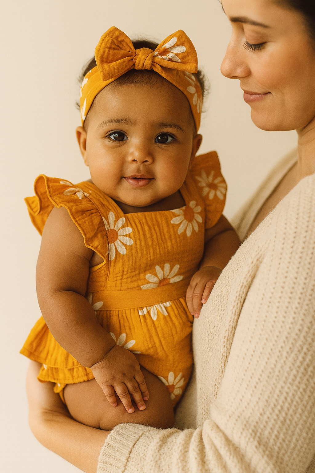 Ensemble bébé 2 pièces – robe fleurie & bandeau nœud, coton | Atelier Bébé