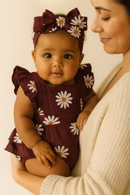 Ensemble bébé 2 pièces – robe fleurie & bandeau nœud, coton | Atelier Bébé