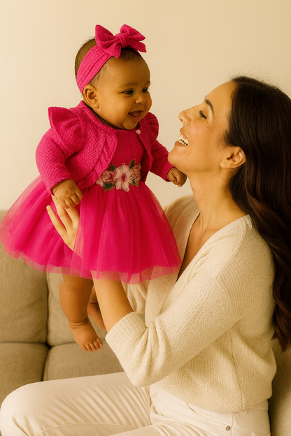 Ensemble bébé 3 pièces – robe fleurie + bloomer + bandeau, coton | Atelier Bébé