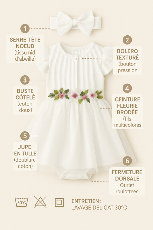 Ensemble bébé 3 pièces – robe fleurie + bloomer + bandeau, coton | Atelier Bébé