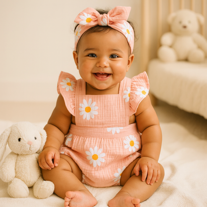 Ensemble bébé 2 pièces – robe fleurie & bandeau nœud, coton | Atelier Bébé