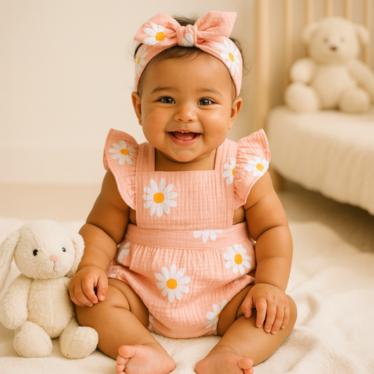 Ensemble bébé 2 pièces – robe fleurie & bandeau nœud, coton | Atelier Bébé